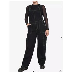 Hot Topic Unisex Black Denim Overalls Neon Green Contrast Stitch Cargo Wide Leg